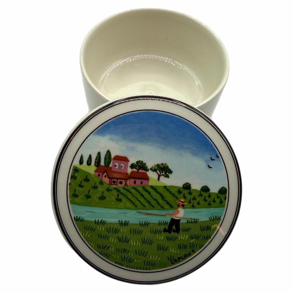 Vintage Villeroy & Boch Fisherman Design Naif Round Porcelain Trinket Box